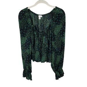 Topshop Long Sleeve Star Print Crop Top Tie Front Top Black Green Boho Size 4